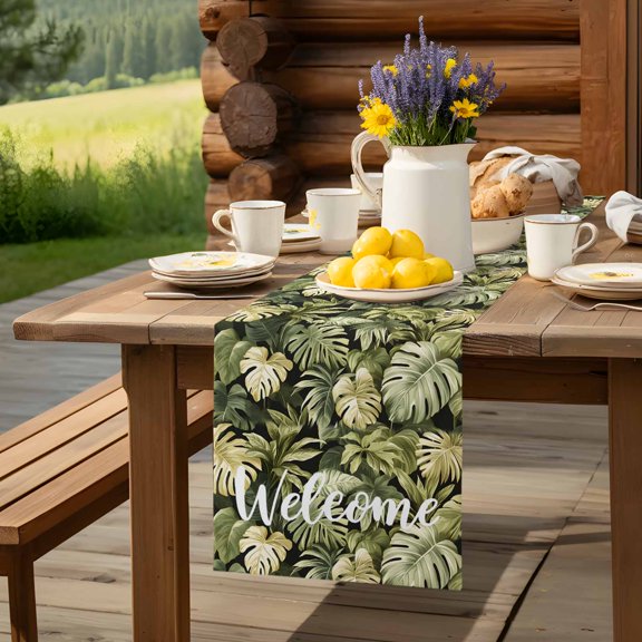 Summer Welcome Text Palm Leaf Table Runner 13x48in Non-Slip Cotton Linen Table Runners, Watercolor Tropical Plants Dresser Scarves TableRunner for Dinner Kitchen Dining Wedding Party