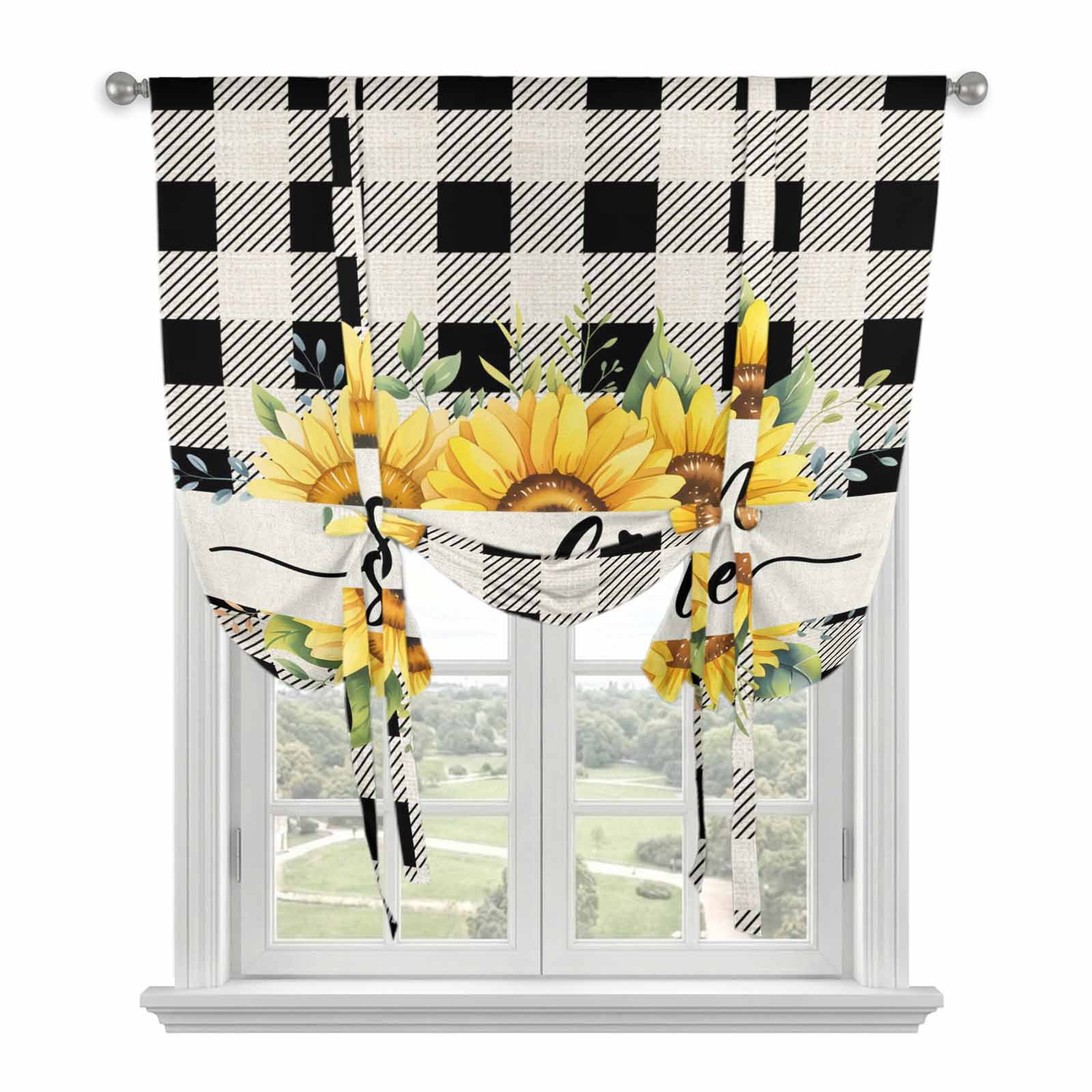 Summer Welcome Tie Up Curtain 45 Inches Long, Yellow Sunflower Leaf Retro Linen Black Plaid Balloon Style Kitchen Window Curtain Over Sink, Small Window Rod Pocket Curtain 52"x45"