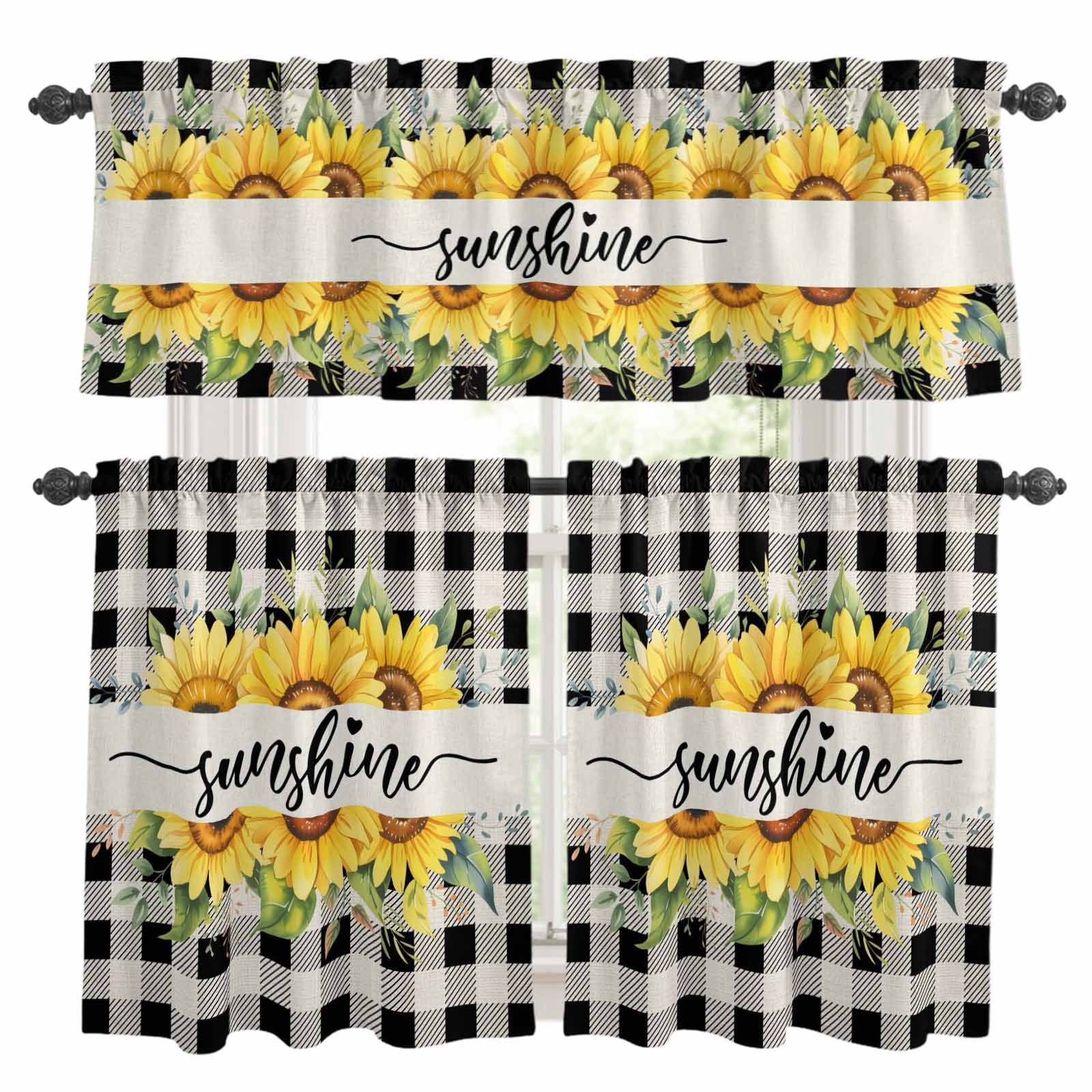 Summer Welcome Window Curtains Valance Set of 3 Yellow Sunflower Leaf ...