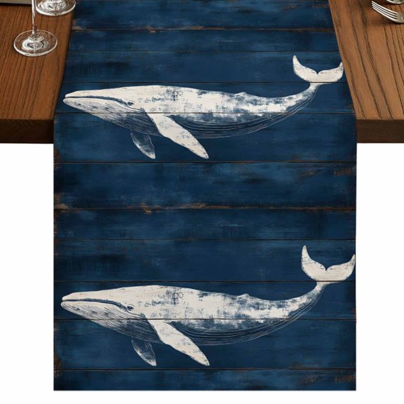 Summer Whale 36 Inch Table Runner, Ocean Vintage Wooden Grain Blue Farmhouse Dresser Scarf Cotton & Linen Tablerunner for Dining/Kitchen Island/Holiday Party Décor Small 13" x 36"