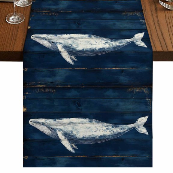 Summer Whale 48 Inch Table Runner, Ocean Watercolor Wooden Grain Blue Farmhouse Dresser Scarf Cotton & Linen Tablerunner for Dining/Kitchen Island/Holiday Party Décor 13" x 48"