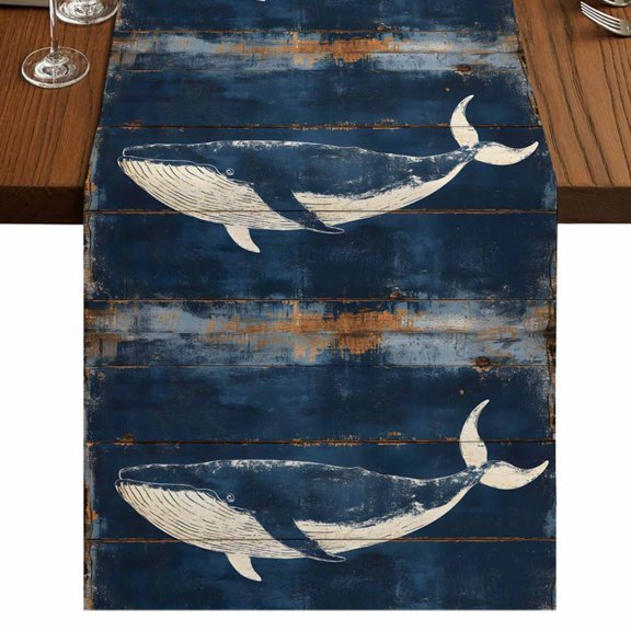 Summer Whale Blue 48 Inch Table Runner, Coastal Ocean Vintage Wooden Grain Farmhouse Dresser Scarf Cotton & Linen Tablerunner for Dining/Kitchen Island/Holiday Party Décor 13" x 48"