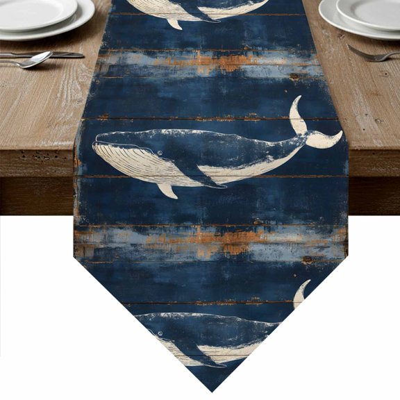 Summer Whale Blue Table Runner Linen Burlap Table Runner 36 Inches Small Coastal Ocean Vintage Wooden Grain Dresser Scarves for Kitchen Island Coffee Dining Party Wedding Holiday Decor 13"x36"