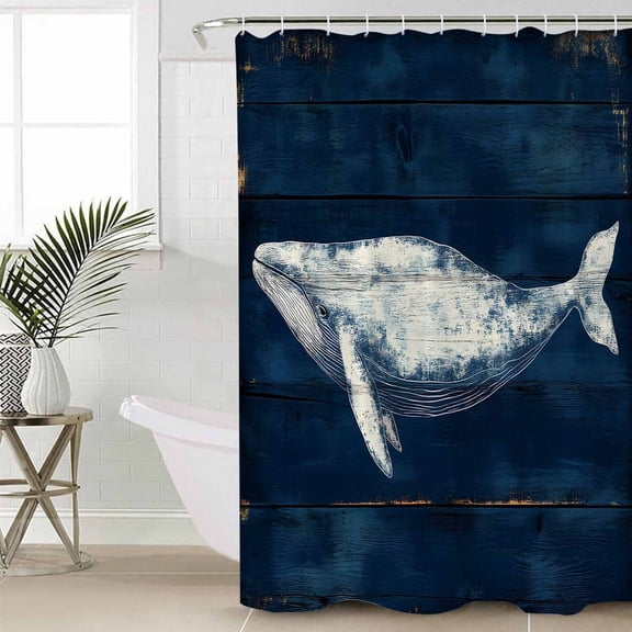 Summer Whale Small Stall Shower Curtain, Waterproof Shower Curtains for Bathroom, Ocean Watercolor Wooden Grain Blue Washable Fabric Cloth Bath Curtain for Bathtub Decoration with Hooks 36x78 Inches