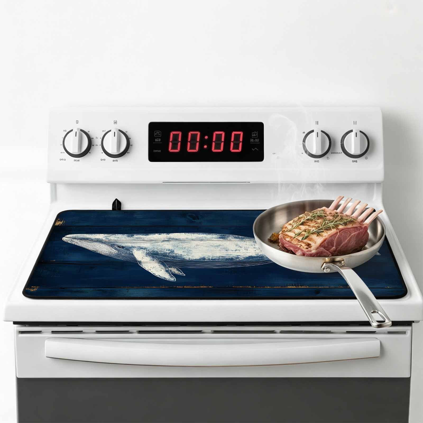 Summer Whale Stove Top Cover for Electric Stove, Heat-proof & Non Slip Glass Top Stove Cover Protector, Ocean Watercolor Wooden Grain Blue Kitchen Flat Cooktop Rubber Mat 24x21 Inches