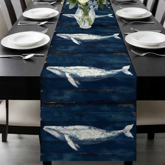 Summer Whale Table Runner 36 Inches Long, Ocean Watercolor Wooden Grain Blue Kitchen Coffee Dining Table Decoration for Home Party Birthday Wedding Home Decor 13x36 Inches