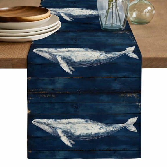 Summer Whale Table Runner, Ocean Watercolor Wooden Grain Blue Washable Cotton Linen Table Runners 36 Inches Long, Dresser Scarf Runner for Nightstand/End Tables/Round Tables 13''x36''