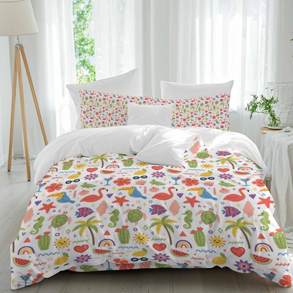 Summer Whimsical Comforter Set Queen Size, Tropical Palm Tree Rainbow Flower Leaf Sea Turtle Soft Bedding Set for Man Woman, 4 Pieces Duvet Cover Set with Fitted Sheet, 2 Pillowcases