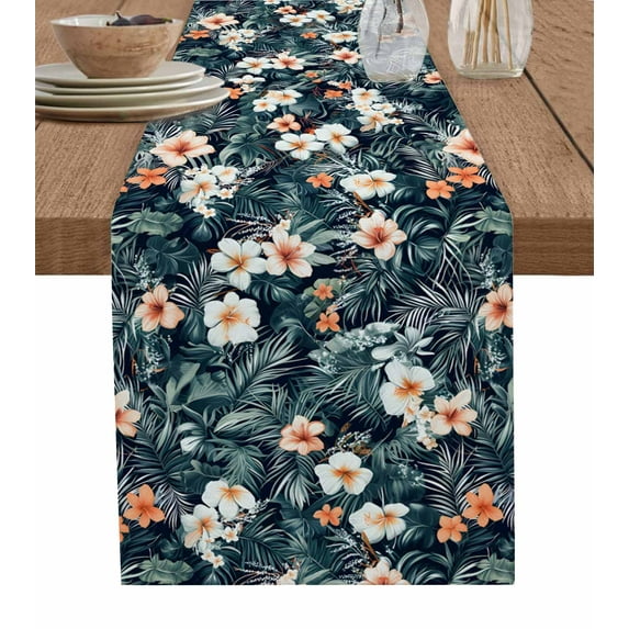 Summer White Flowers Burlap Cotton Table Runner 14x72 Inches Long, Green Tropical Palm Leaves Botanical Farmhouse Table Runners, Outdoor Dining Tablecloths Decor for Baby Shower/Party/Wedding