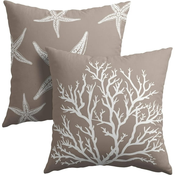 Summer White and Gray Starfish Pillow Covers 18x18 Inch Set of 2 Beach Sea Coral Throw Pillowcase Cotton Linen Square Decorative Nautical Coastal Cushion Cover for Sofa Bedroom Indoor Outdoor Party