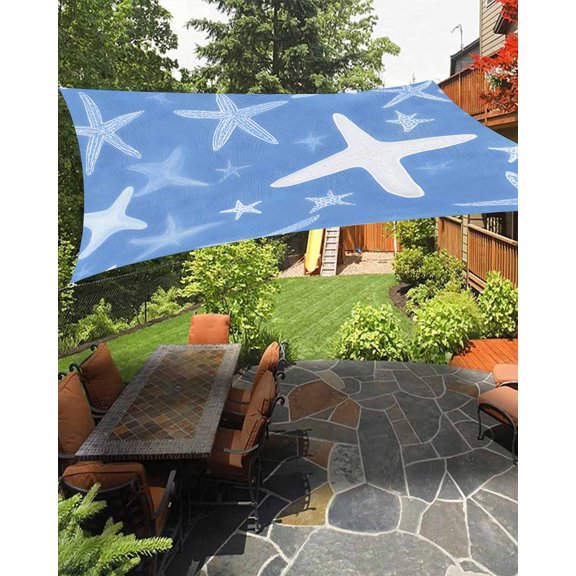 Summer White Waterproof Sun Shade Sail Blue Starfish Ocean Marine Life Coastal Outdoor Patio Sun Shades Canopy UV Block Waterproof Sunshade for Garden Backyard Deck Pergola 8x10 Ft