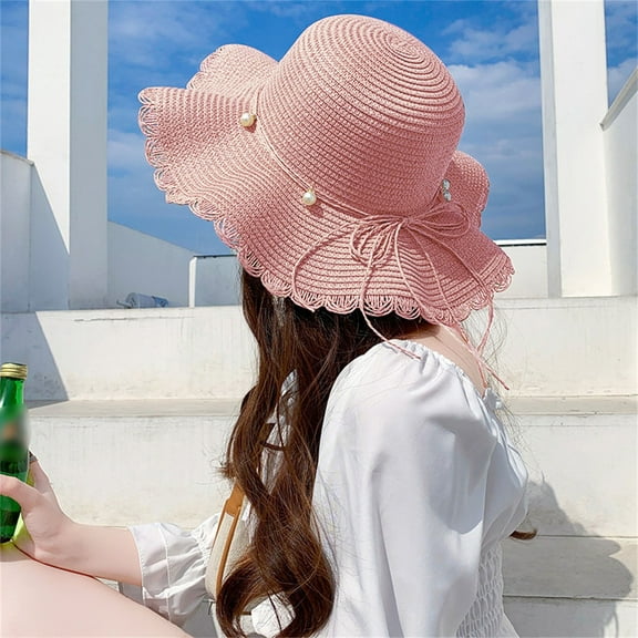 Summer Wide Brim Straw Hat with Bow - Beach Vacation Gardening Outdoor Uv Protection (Foldable & Stylish) Clearance, Yubnlvae Spring Summer Mesh Sunshade Hat Flower , Pink, One Size