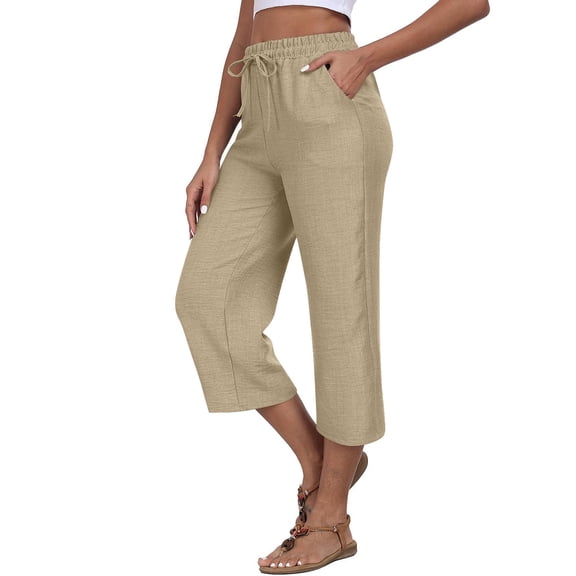 Summer Wide Leg Capri Pants for Women Elastic Waist Casual Business Trousers with Pockets, Loose Fit Lounge Crop Pants (Cotton Linen, Plus Size S-3XL & Drawstring)