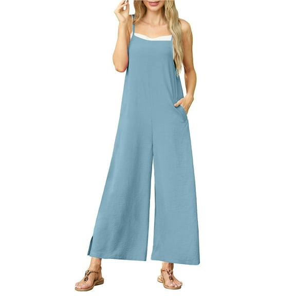 Summer Wide Leg Jumpsuit for Women Solid Sleeveless Adjustable Strap Rompers Pocketed Cutout Baggy Dressy Casual Outfits, Light Blue, M