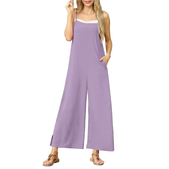 Summer Wide Leg Jumpsuit for Women Solid Sleeveless Adjustable Strap Rompers Pocketed Cutout Baggy Dressy Casual Outfits, Purple, M