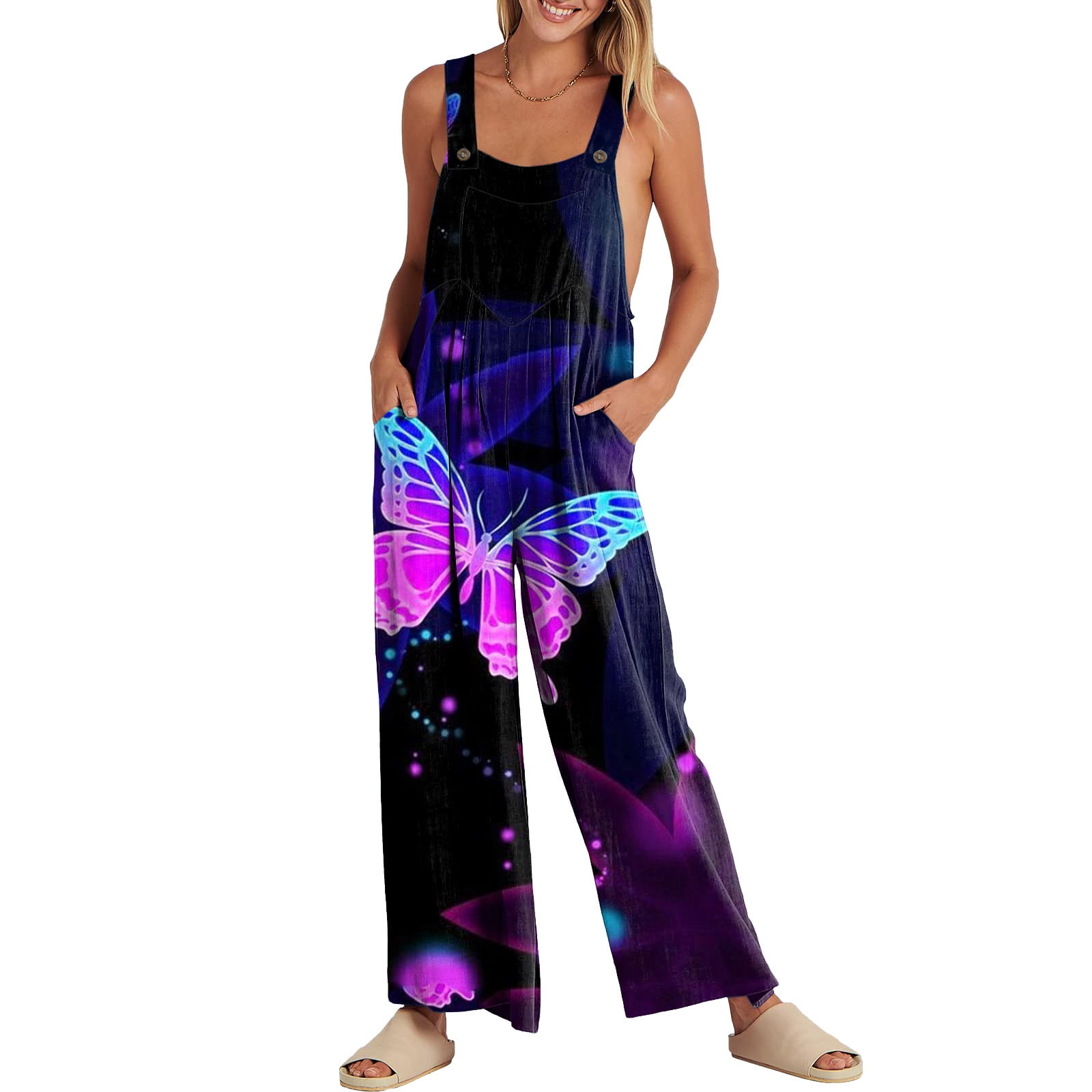 Summer Wide Leg Loose Fit Printed Rompers,Baggy Overalls Dual Pockets