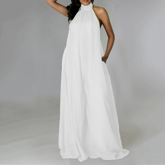 Summer Wide Leg Sexy Solid Color Halter Neck Sleeveless Chiffon Jumpsuits,Women’S Jumpsuit Long Pant Romper