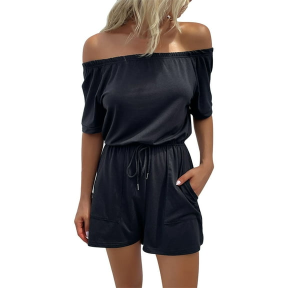 Summer Wide Leg Solid Color Off The Shoulder Rompers,Women's Casual Jumpsuit Strapless with Pocket