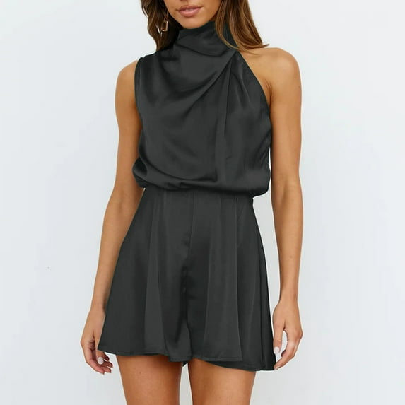 Summer Wide Leg Solid Color Turtleneck Sleeveless Bodysuit,Womens Romper Satin Elastic Waist Casual Short Jumpsuit