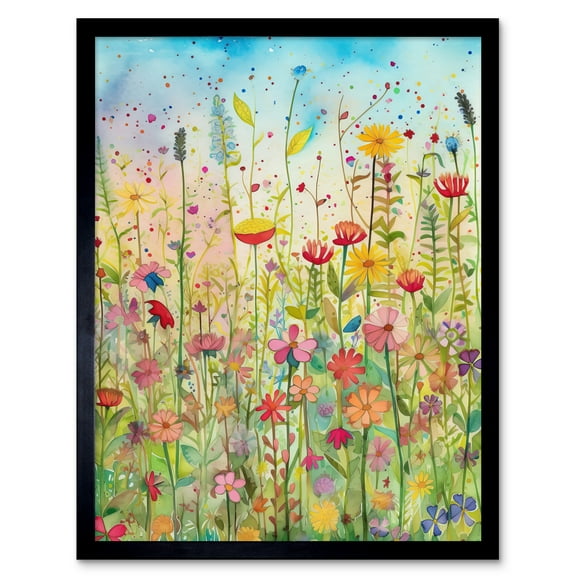 Summer Wild Flower Blossom Meadow Folk Art Art Print Framed Poster Wall Decor 12x16 inch