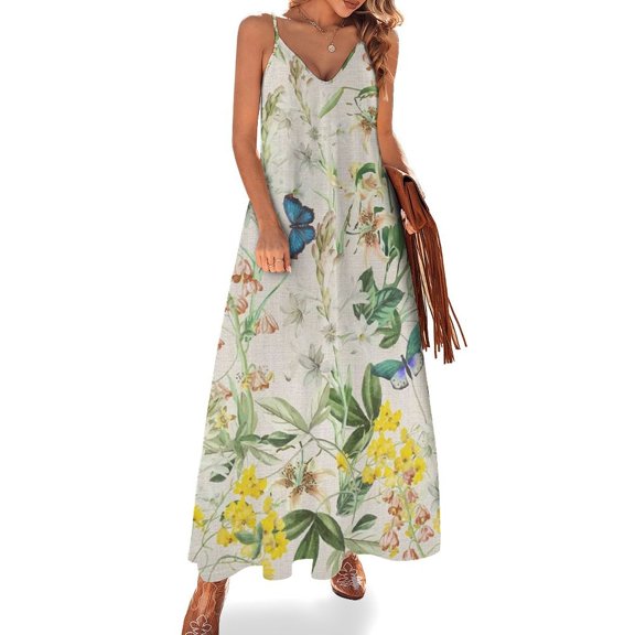 Summer Wild Plants Yellow Flowers And Butterflies Sleeveless Dress Loose Women's Dress Dresses Luxury Evening Dresses