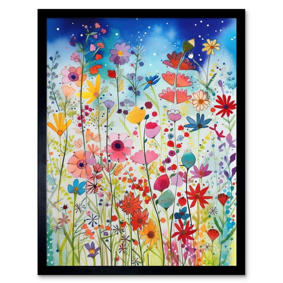Summer Wildflower Meadow Folk Art Art Print Framed Poster Wall Decor 12x16 inch