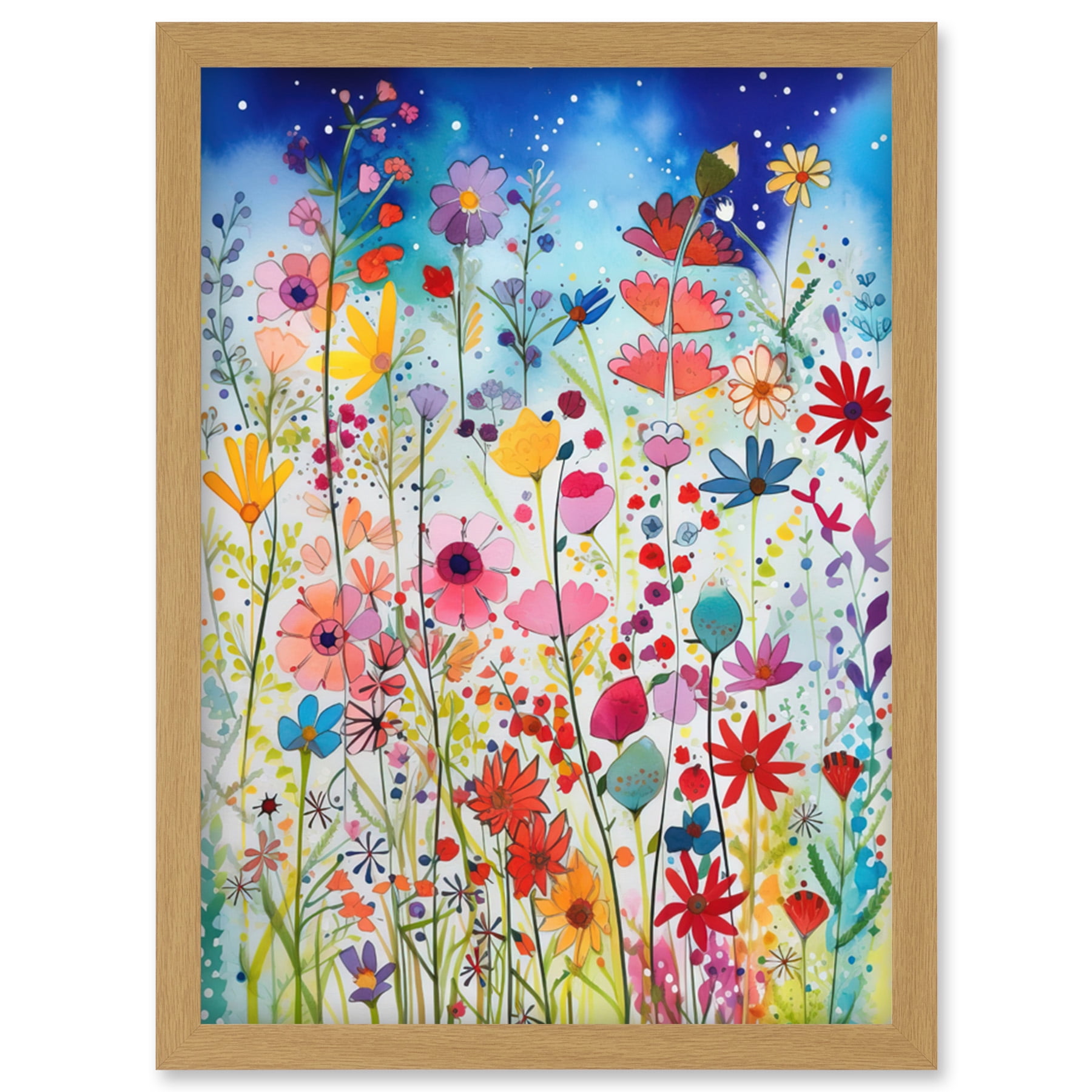 Summer Wildflower Meadow Folk Art Artwork Framed Wall Art Print A4 ...