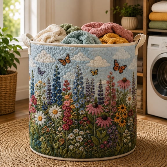 Summer Wildflower Quilted Laundry Basket, Botanical Floral Storage Bin, Spring Hamper, Cottagecore Decor, Gift for Grandma , Size M