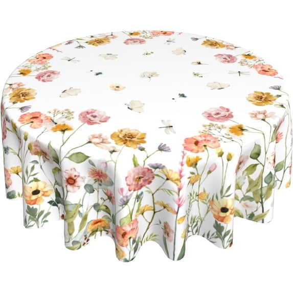 Summer Wildflower Round Tablecloth 60 Inch, Watercolor Floral Leaf Butterfly Table Cloth Rustic Vintage Farmhouse Polyester Cover for Dining Kitchen Room Outdoor Picnic Camping Party Holiday Decor