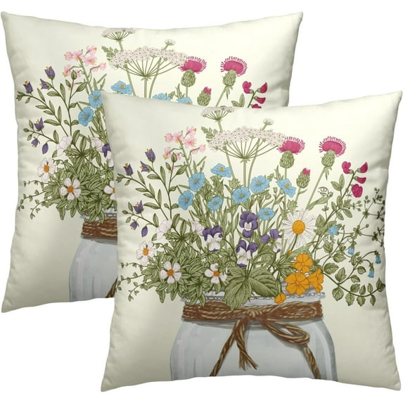Summer Wildflower Throw Pillow Covers 16 X 16 Inch, Nature Flower in Vase Square Pillowcase Set of 2 Cotton Linen Cushion Case for Couch Sofa Home Farmhouse Decor