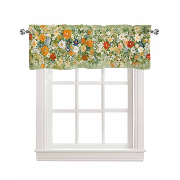 Summer Wildflowers Kitchen Valances for Windows Farmhouse Linen Window Valance Curtain for Living Room Window Treatment Pastoral Oil Painted Retro Art Valance Rod Pocket Topper Drape, 60 x 18 Inch