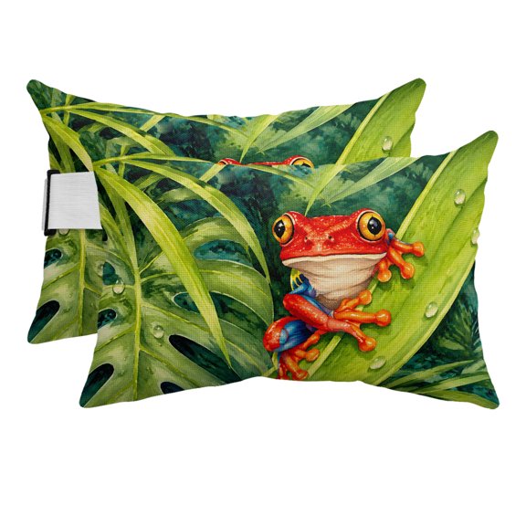Summer Wildlife Red Frog Pattern Outdoor Pillow for Chaise Lounge Chair,Tropical Palm Leaf Waterproof Headrest Lumbar Pillows with Insert&Elastic Strap for Patio Pool Garden Chairs Decor,2 Pack