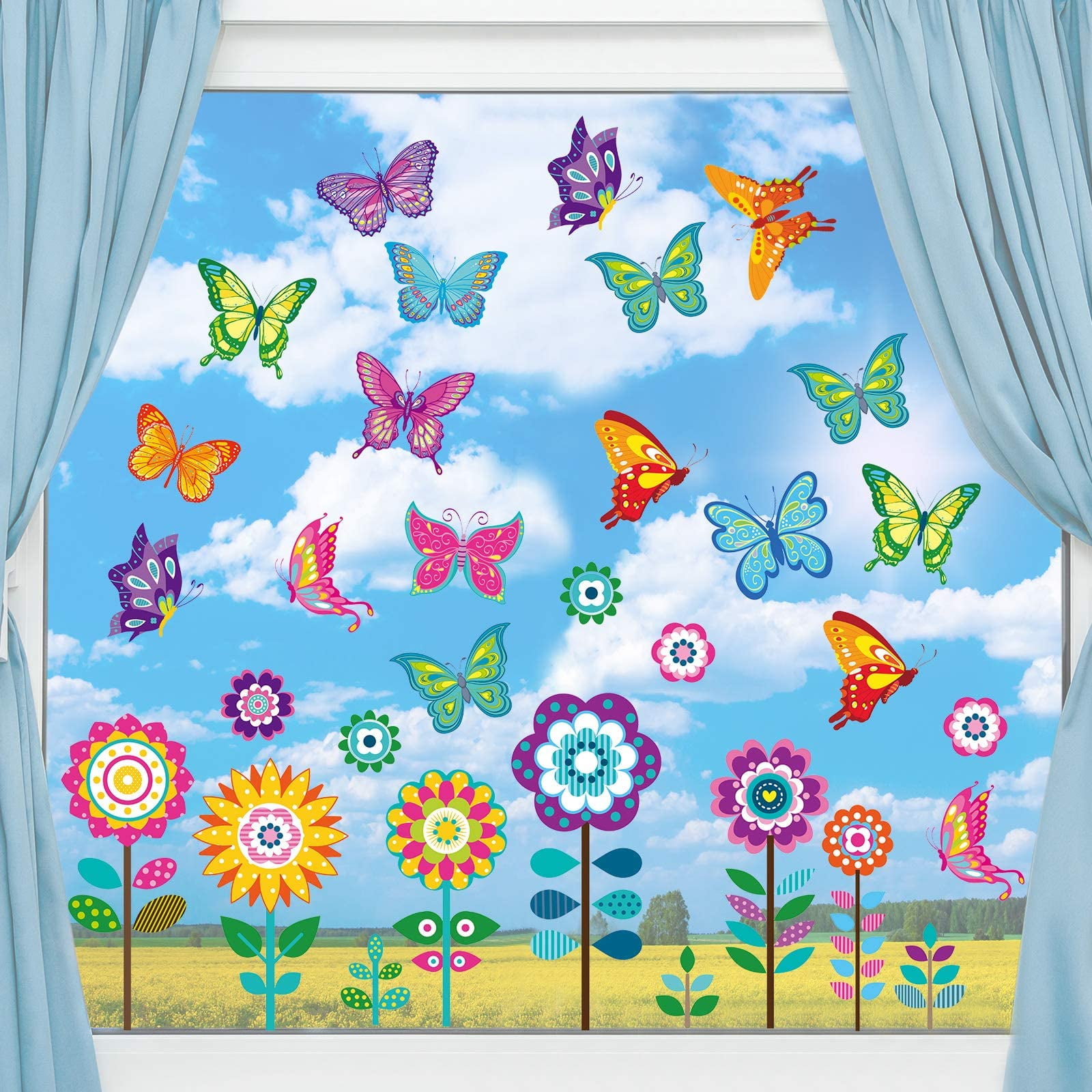 Summer Window Clings Decorations, Happiwiz 109 Pieces 9 Sheets Large Size Spring Flower Butterfly Window Clings Decals Stickers for Spring Summer Baby Shower Home Decoration Party Supplies