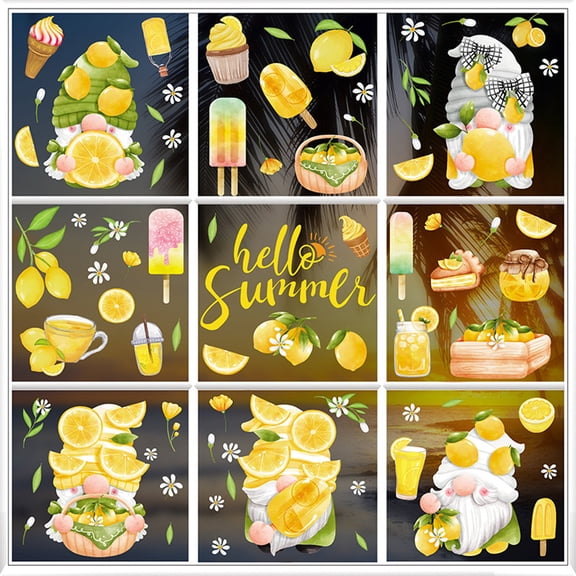 Summer Window Clings Gnomes Beach Hawaii Window Decals Tropical Fruits Window PVC Clings Stickers for Summer Home Room Classroom Decor Party Supplies-Style 2
