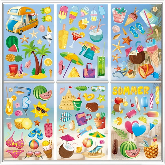Summer Window Clings Gnomes Beach Hawaii Window Decals Tropical Fruits Window PVC Clings Stickers for Summer Home Room Classroom Decor Party Supplies-Style 1