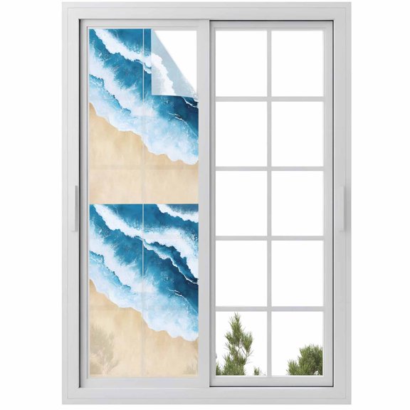 Summer Window Privacy Film, Abstract Gradient Blue Waves Coastal Beach Frosted Glass Window Clings Static Cling UV Heat Blocking Reusable Door Sticker for Bathroom 23.6 x 78.7 Inch