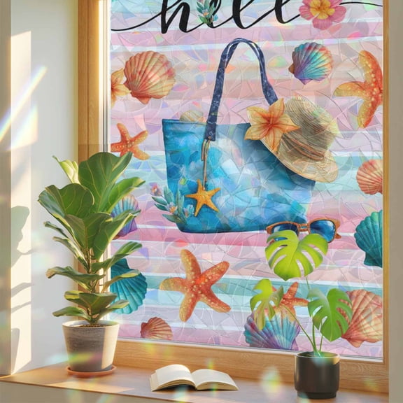 Summer Window Privacy Film, Beach Bag Seashell Starfish Sunglasses Colorful Strip Stained Glass Rainbow Film Decorative Window Clings, Static Cling Sun Blocking Stickers 17.7" x 39.3"