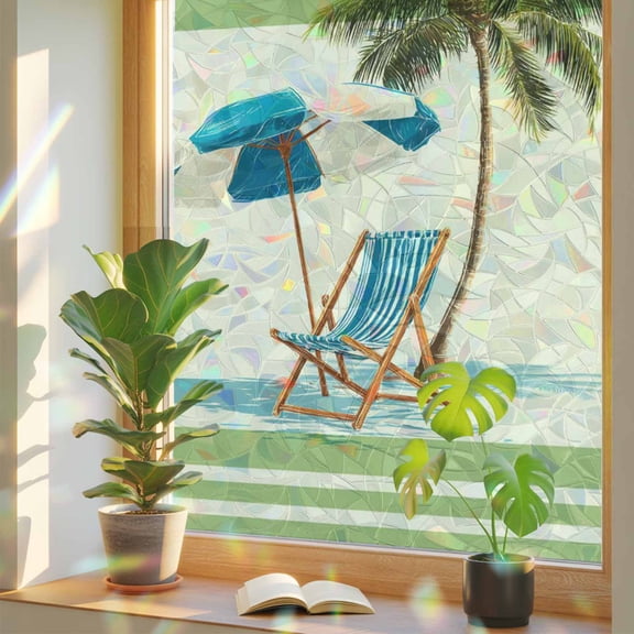 Summer Window Privacy Film, Beach Scene Sun Umbrella Palm Trees Green Yellow Stripe Stained Glass Rainbow Film Decorative Window Clings, Static Cling Sun Blocking Stickers 17.7" x 39.3"