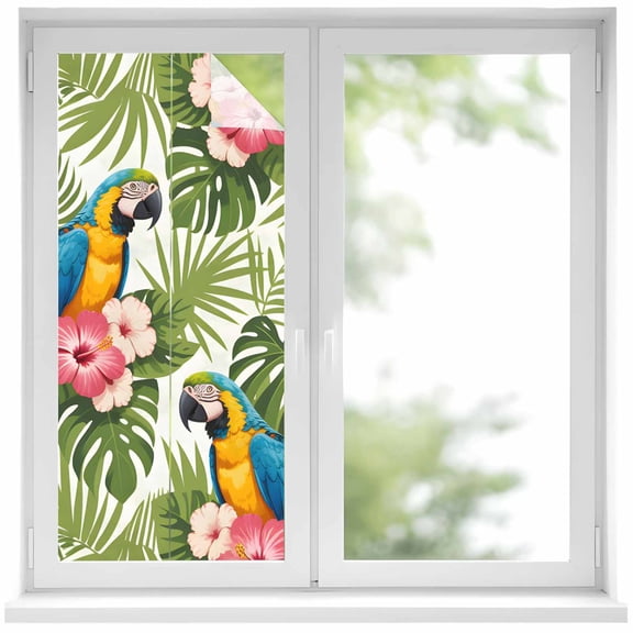 Summer Window Privacy Film, Botanical Palm Leaves Flower Bird Animals Plants Static Cling UV Sun Blocking Heat Control Window Tint Day and Night, Non-Adhesive One Way Windows Privacy Cover 17.7x39.3