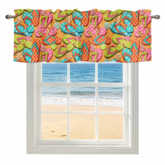 Summer Window Valance for Kitchen, Colorful Polka Dots Slippers Orange Background Modern Rod Pocket Short Curtain for Small Windows, Light Filtering Decorative Valance, 42 x 12 Inch, 1 Panel