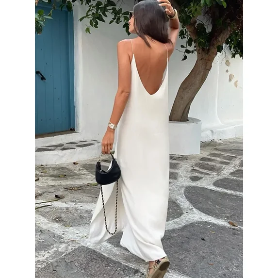 Summer Women Backless Sling Dress Sexy Loose V Neck Sleeveless Split Maxi Dresses 2024 New Female Beach Vacation Party Robes