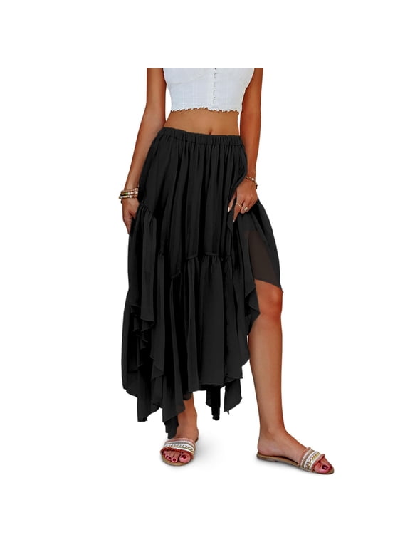 Summer Women Bohemian Long Skirt Casual Asymmetrical High and Low Hem Flowing Bohemian Long Skirt