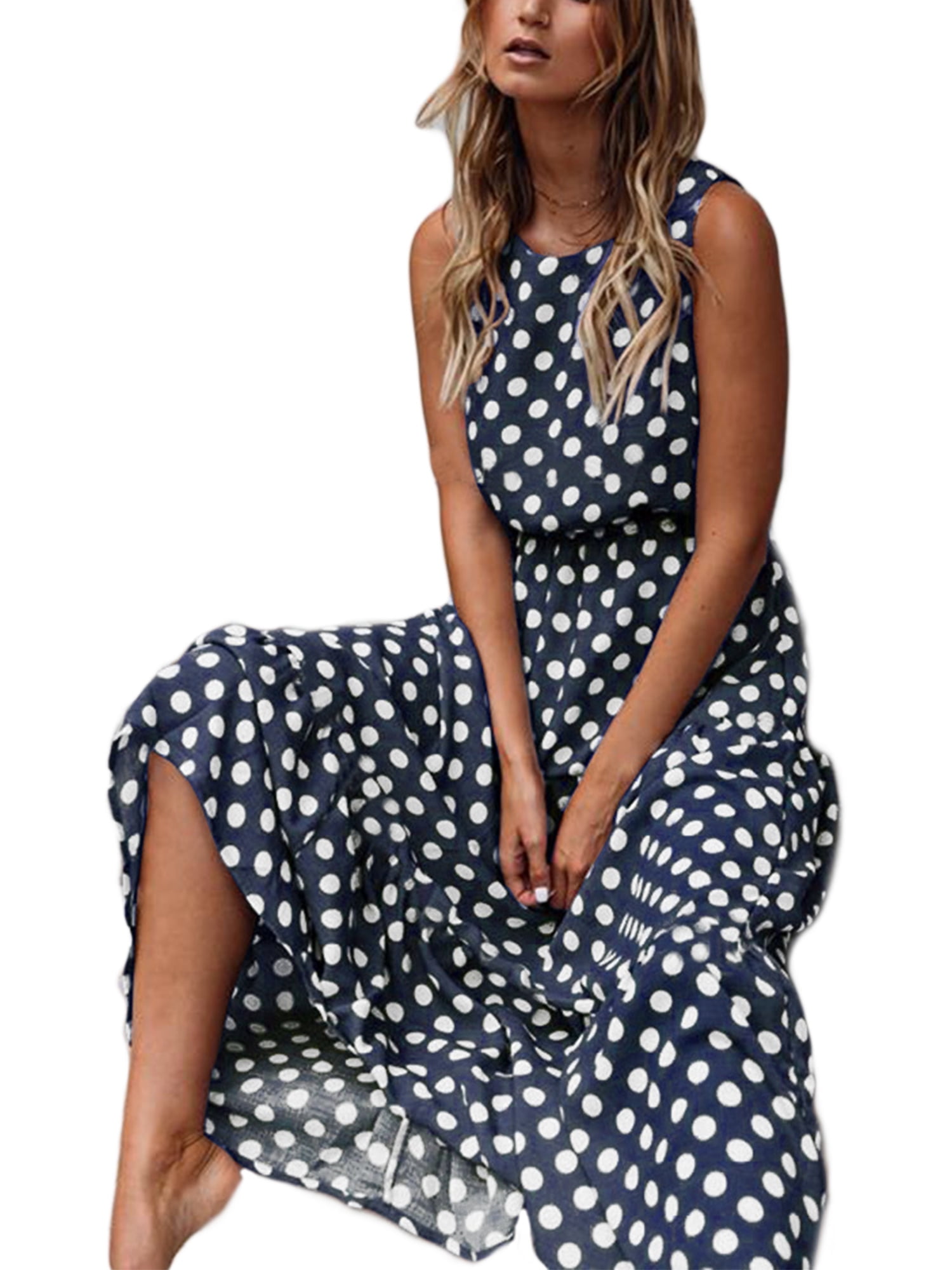 Summer Women Boho Sleeveless Loose Casual Sundresses Polka Dot Dress Beach Summer Long Maxi Dresses