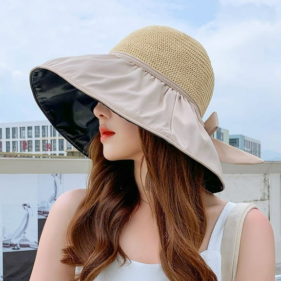Summer Women Bucket Hat UV Protection Sun Hats Solid Color Foldable Wide Brim Outdoor Beach Panama Cap Bows Ladies Straw Hat