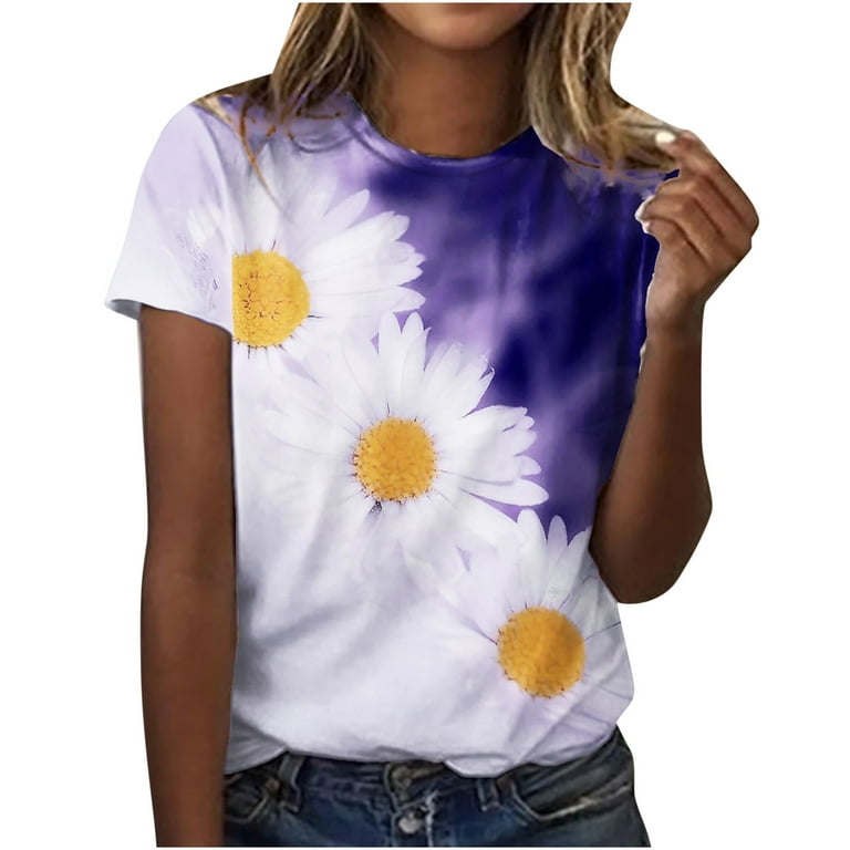  Summer Womens Short Sleeve Crew Neck Floral Printed