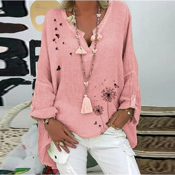 Summer Women Cotton Linen Tshirt Blouses Tops Vintage Trendy Loose Fit Tunic Tees Casual Solid Long Sleeve Plus Size V Neck Shirt