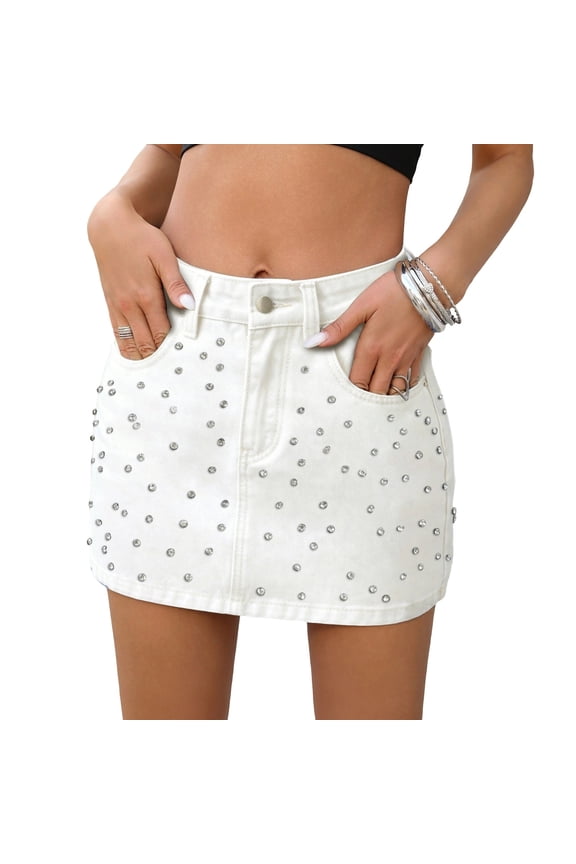 Summer Women Denim Mini Skirt, High Waist Rhinestone Jean Skirt, Pocket Slim Short Skirt, Dating Party Casual Skirt