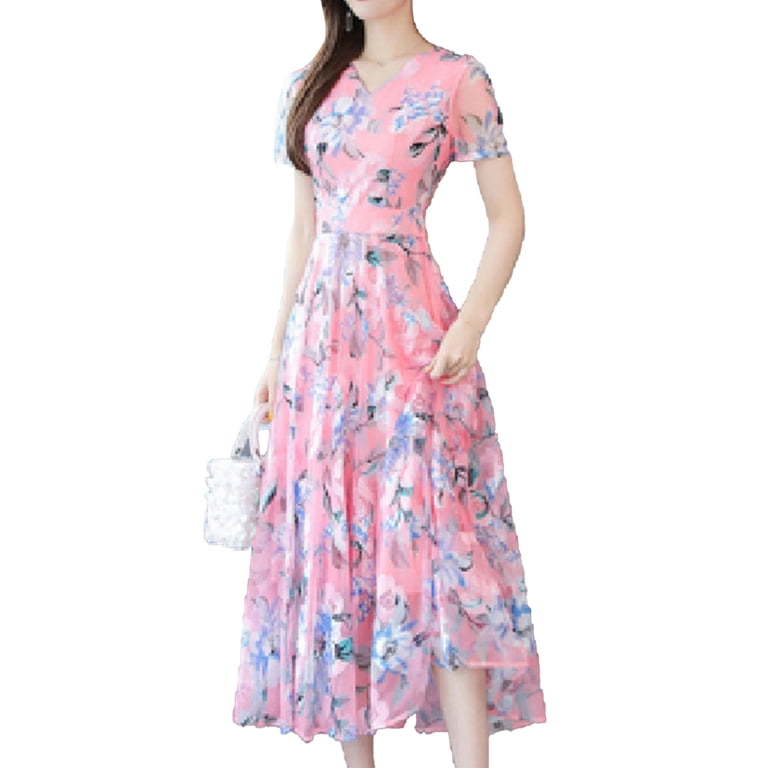 knee length dresses for ladies Green Floral Short Sleeve Midi Dress - All Dresses main image 0