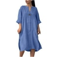 thumbnail image 1 of Plus Size Women Dresses Fashion Summer Solid Color V-neck Short Sleeve Button Decoration Easy Side Pocket Split Fork Dress, 1 of 6