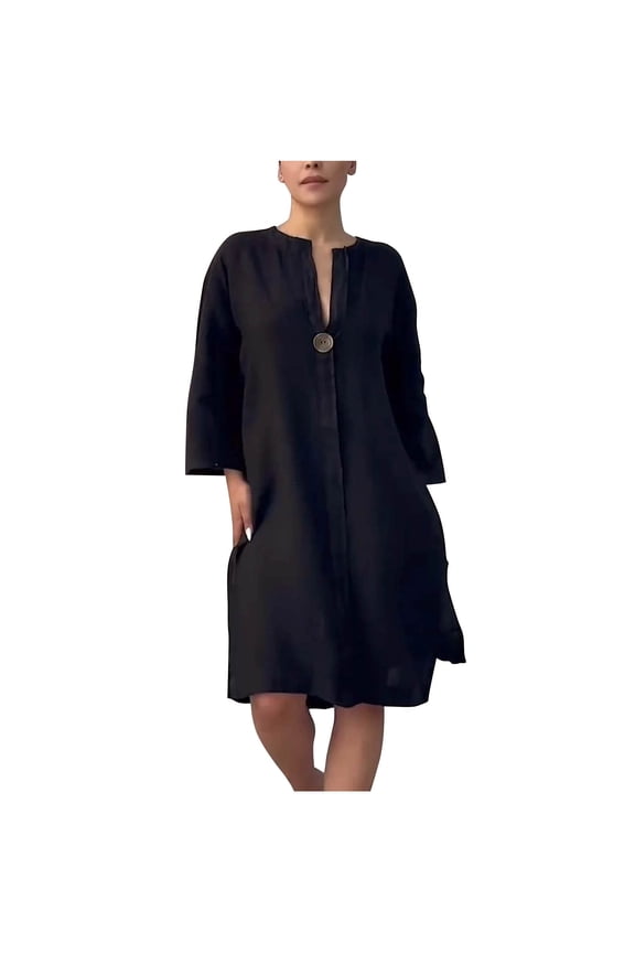 Plus Size Women Dresses Fashion Summer Solid Color V-neck Short Sleeve Button Decoration Easy Side Pocket Split Fork Dress